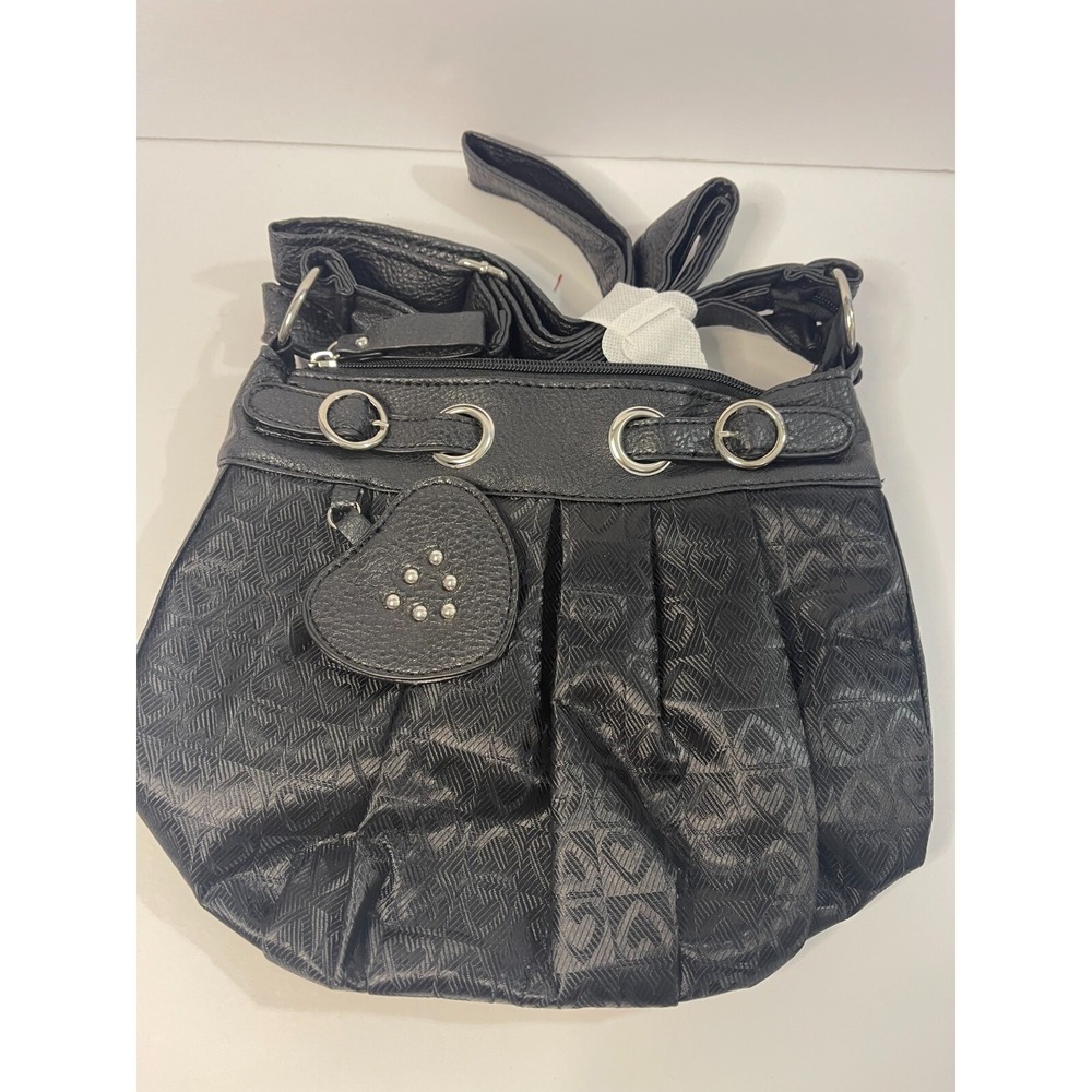 Black Faux Leather Crossbody Bag Heart Pattern Studded Charm Silver Hardware